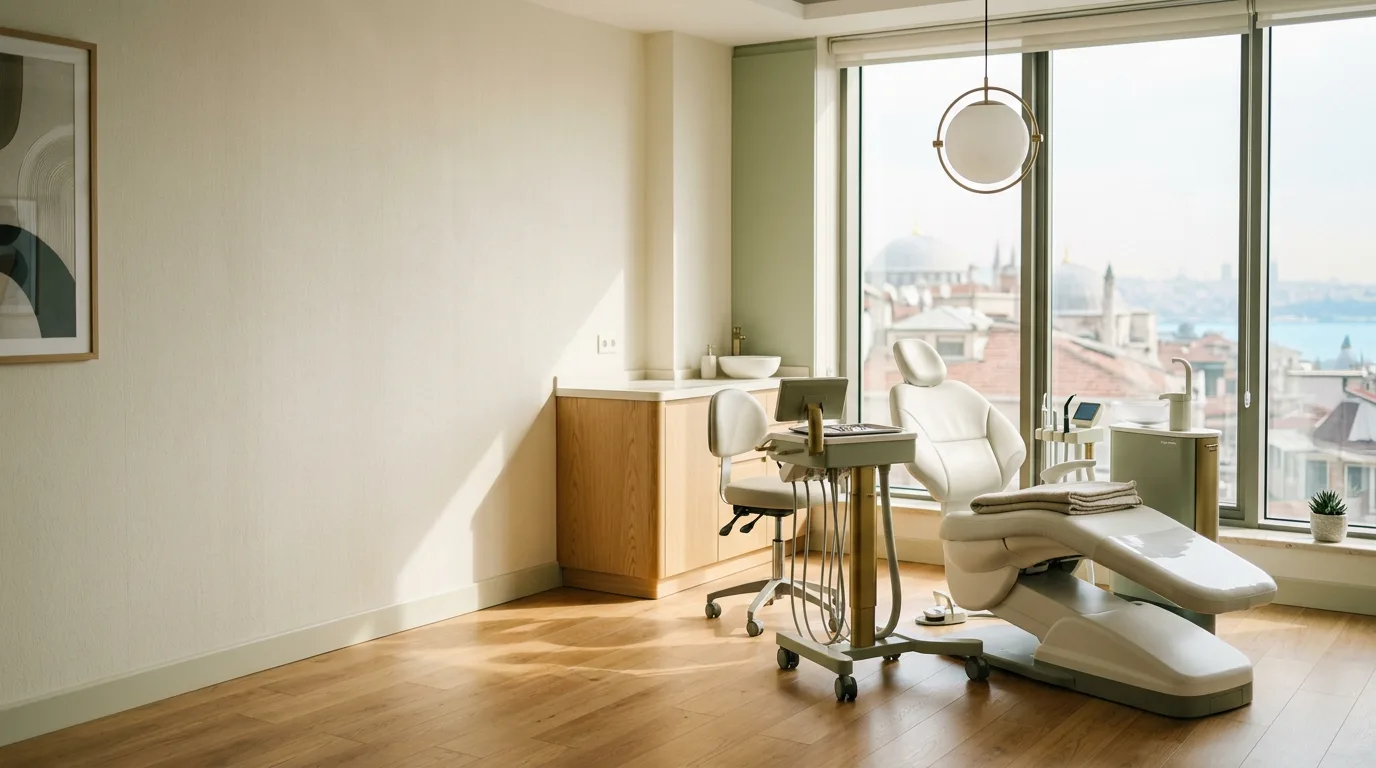 Işık dolu, sakin ve modern bir diş kliniği muayene odası ile pencereden görünen İstanbul silüeti.